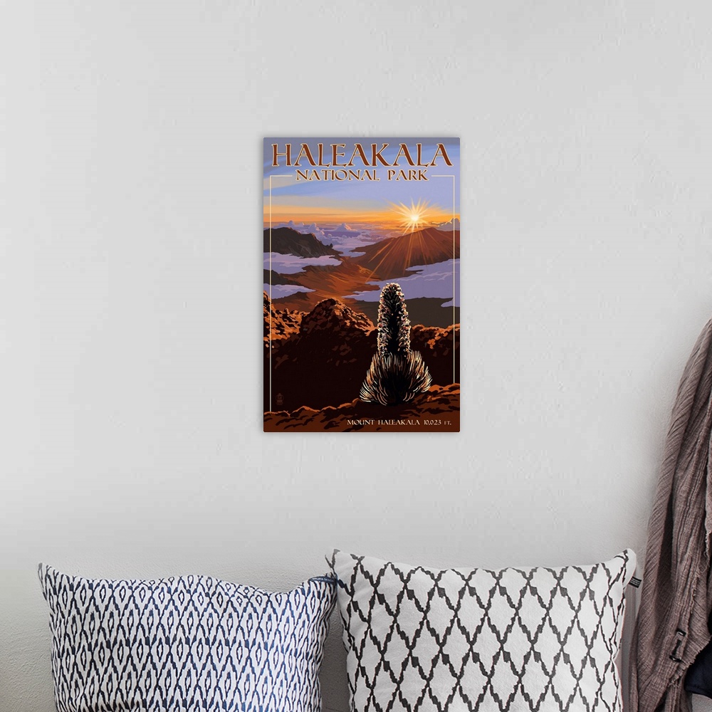 A bohemian room featuring Haleakala National Park, Sunrise On Mount Haleakala: Retro Travel Poster