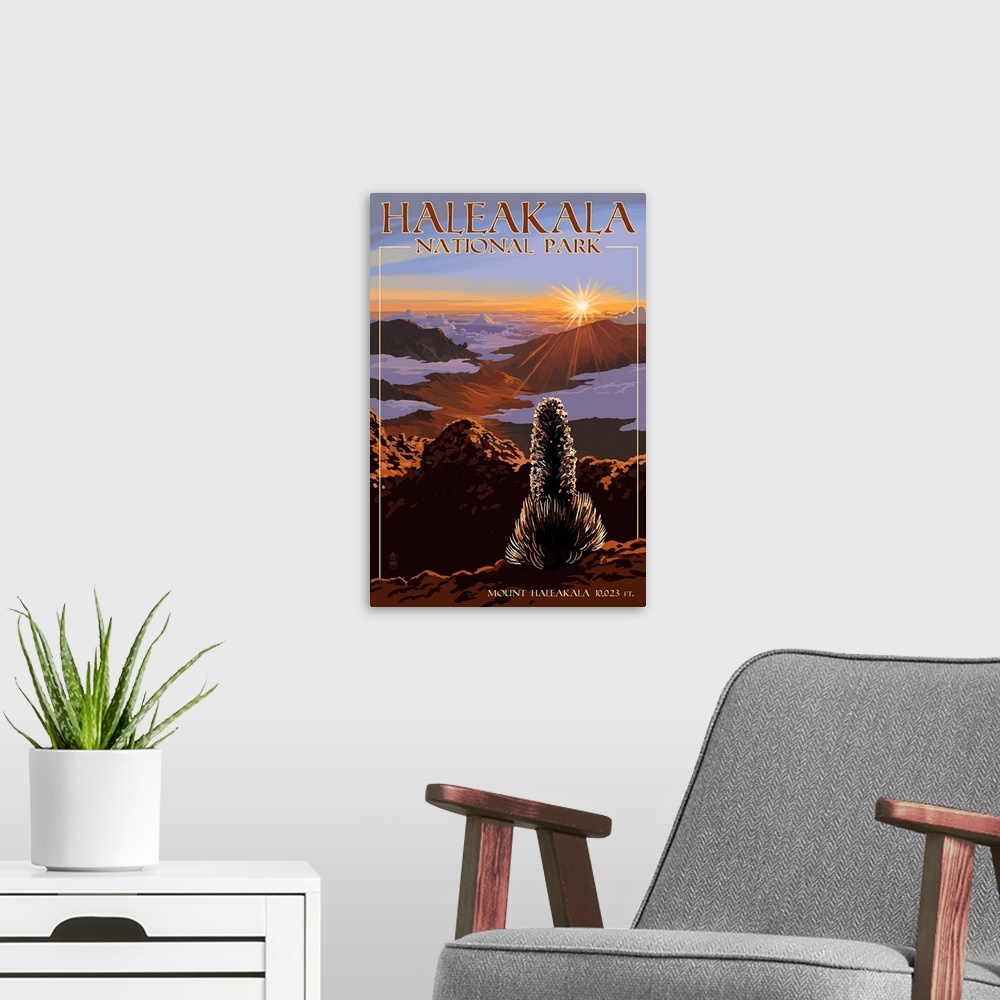 A modern room featuring Haleakala National Park, Sunrise On Mount Haleakala: Retro Travel Poster