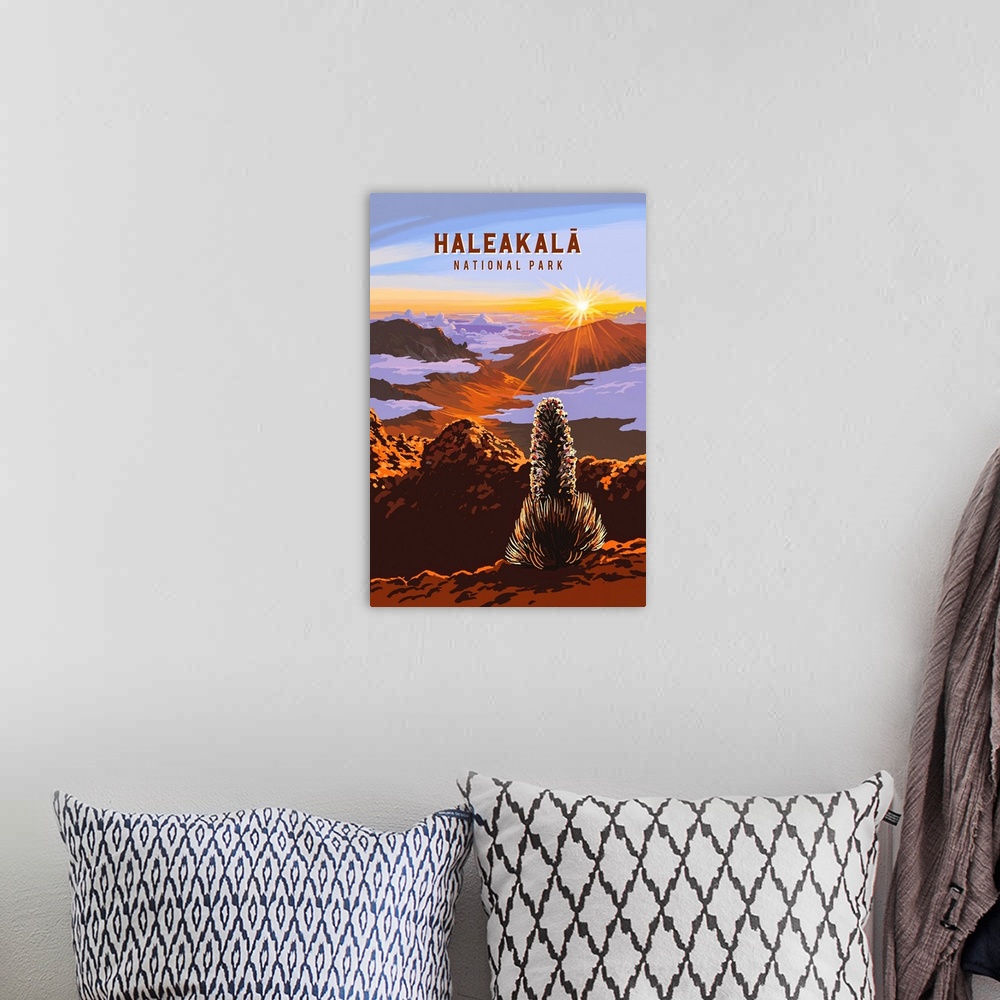 A bohemian room featuring Haleakala National Park, Sunrise: Retro Travel Poster
