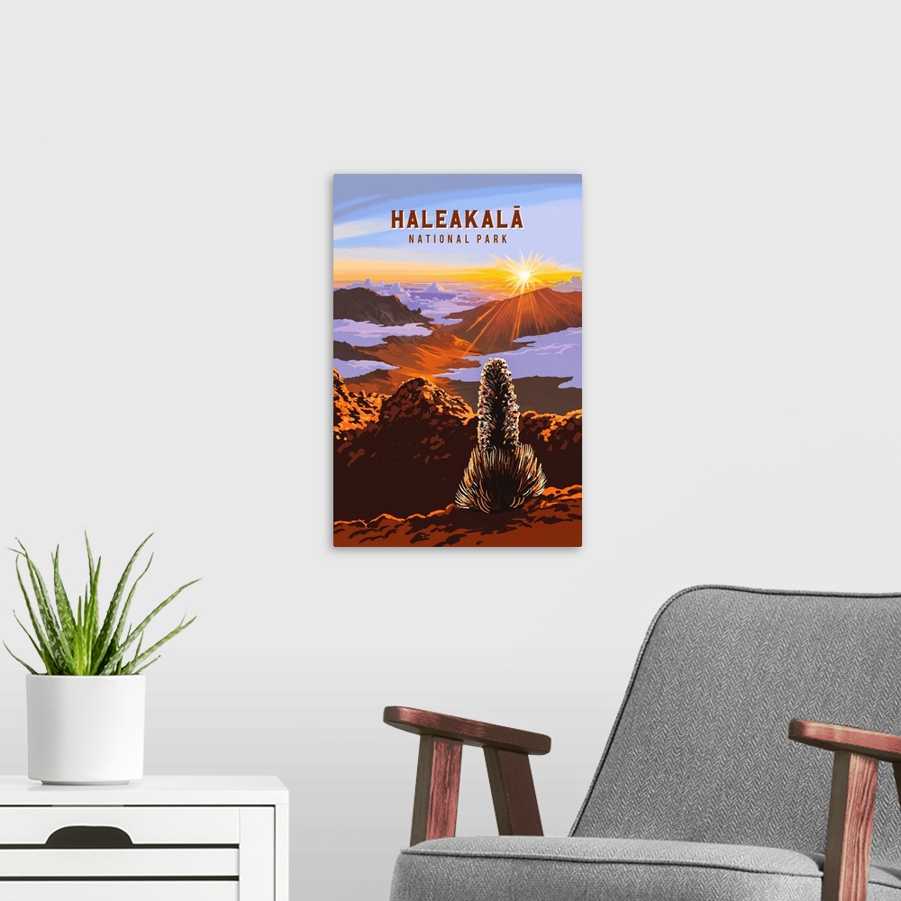 A modern room featuring Haleakala National Park, Sunrise: Retro Travel Poster