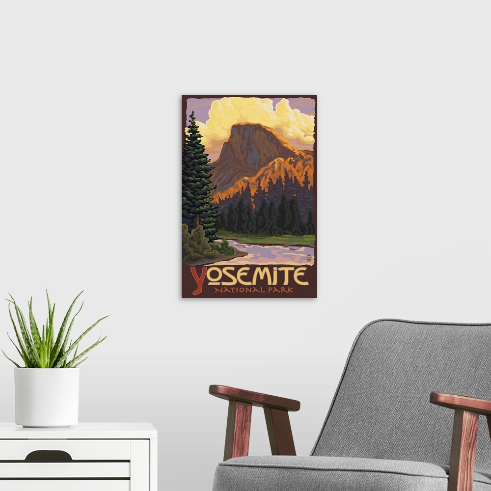 A modern room featuring Half Dome Yosemite: Retro Travel Poster