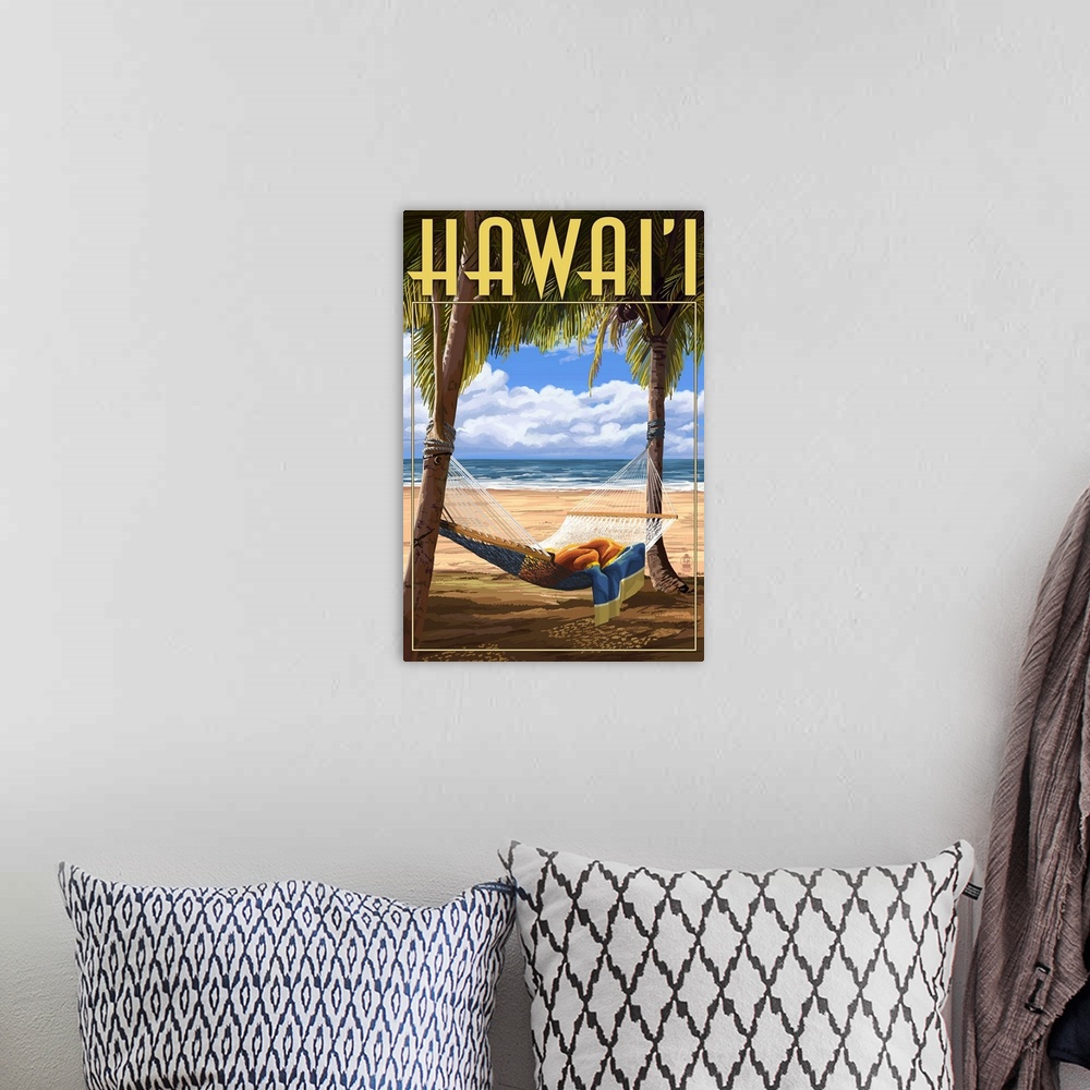 A bohemian room featuring Hammock Scene - Hawaii: Retro Travel Poster