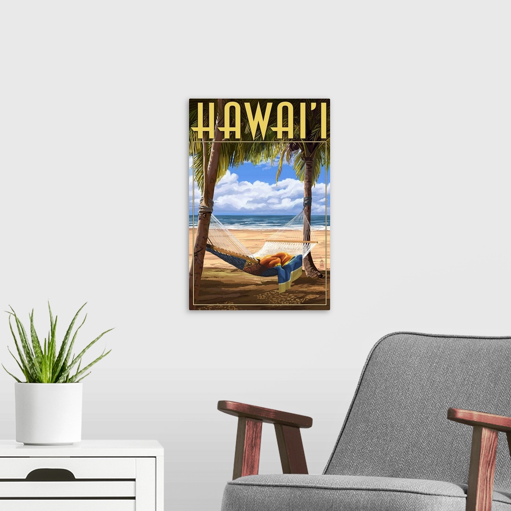 A modern room featuring Hammock Scene - Hawaii: Retro Travel Poster