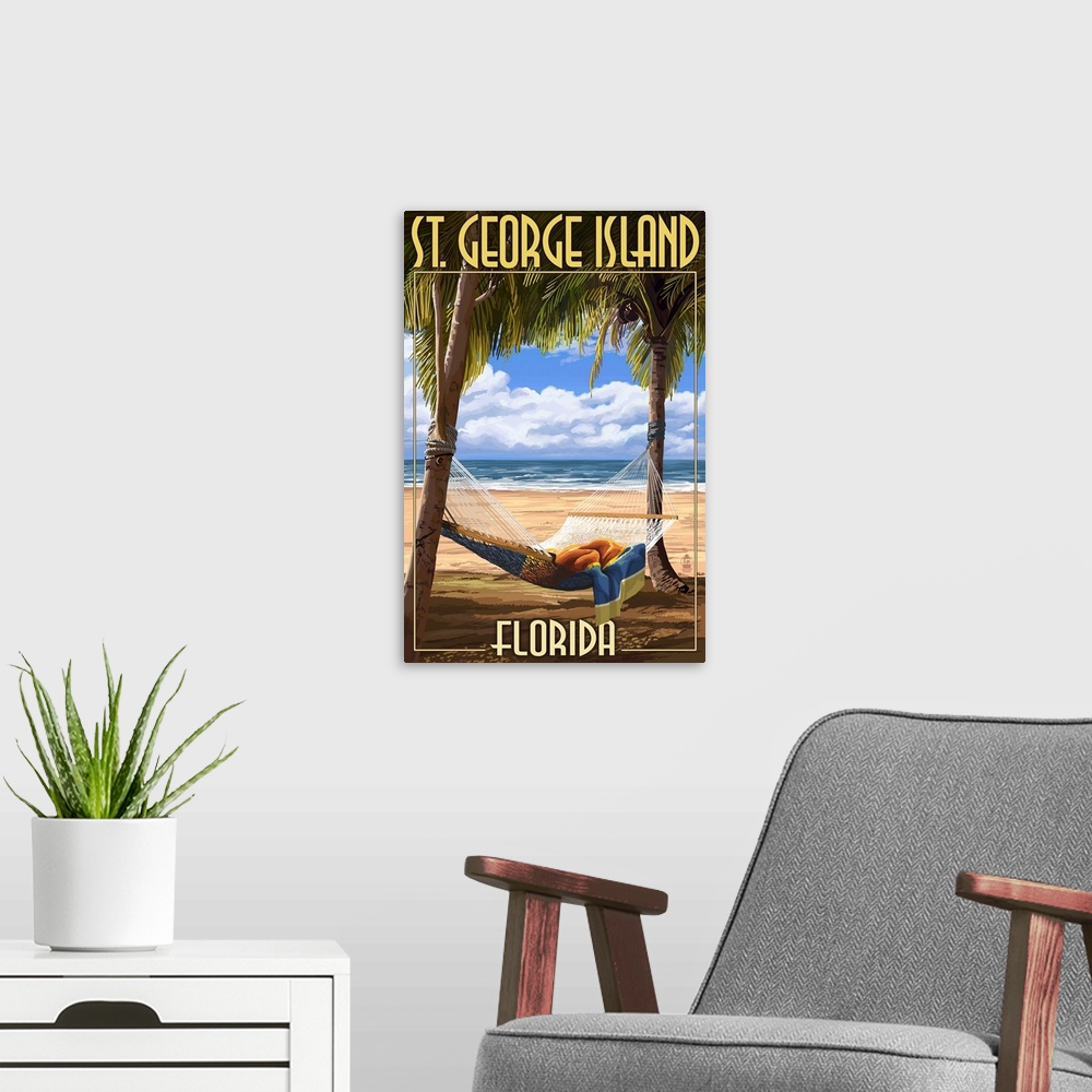 A modern room featuring Retro stylized art poster of a hammock tied up between two palm trees on a beach.