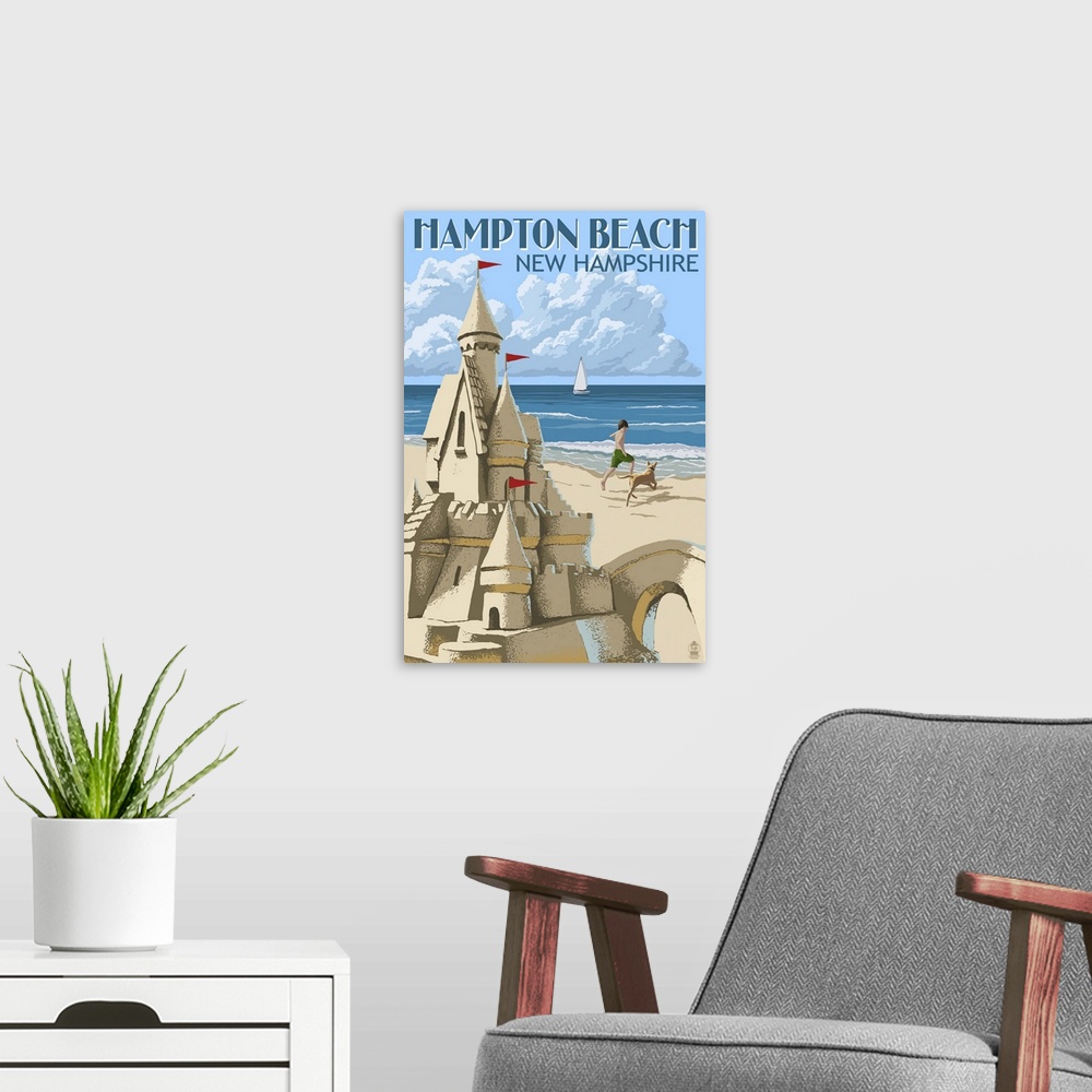 A modern room featuring Retro stylized art poster of a sand castle, with a boy and dog playing in the background.