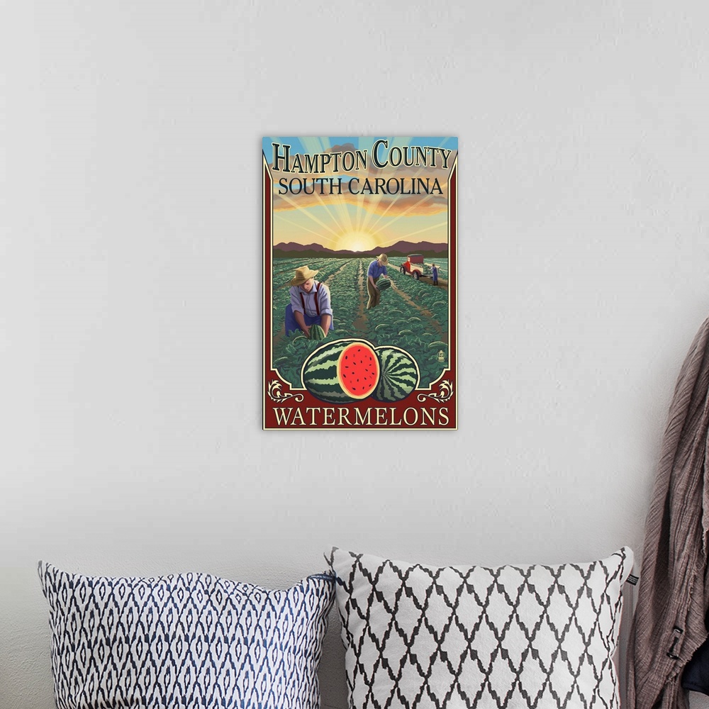 A bohemian room featuring Hampton County, South Carolina - Watermelon Field: Retro Travel Poster