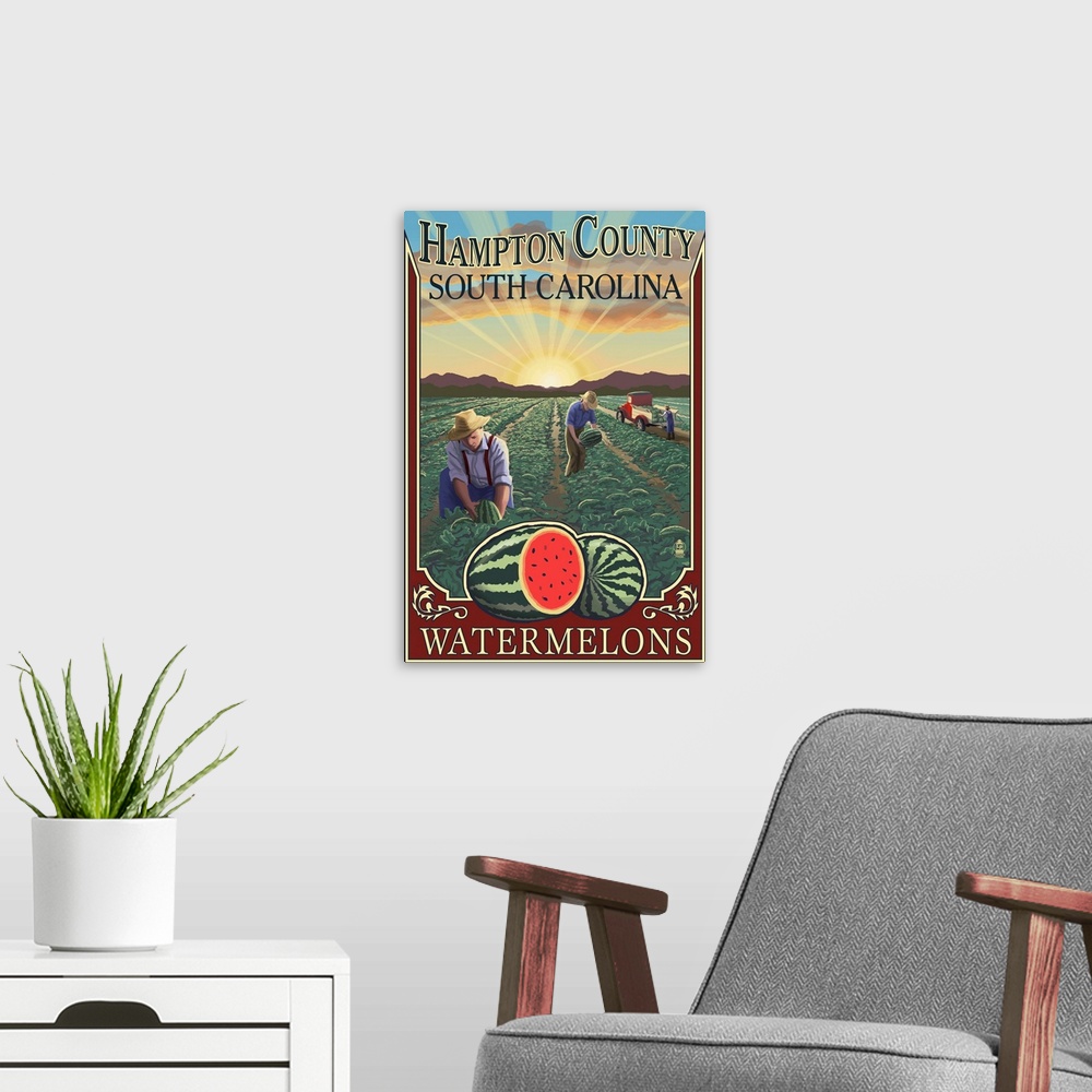 A modern room featuring Hampton County, South Carolina - Watermelon Field: Retro Travel Poster