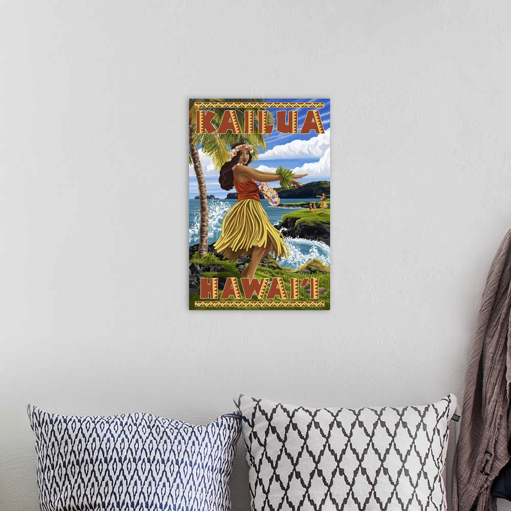A bohemian room featuring Hawaii Hula Girl on Coast - Kailua, Hawaii: Retro Travel Poster