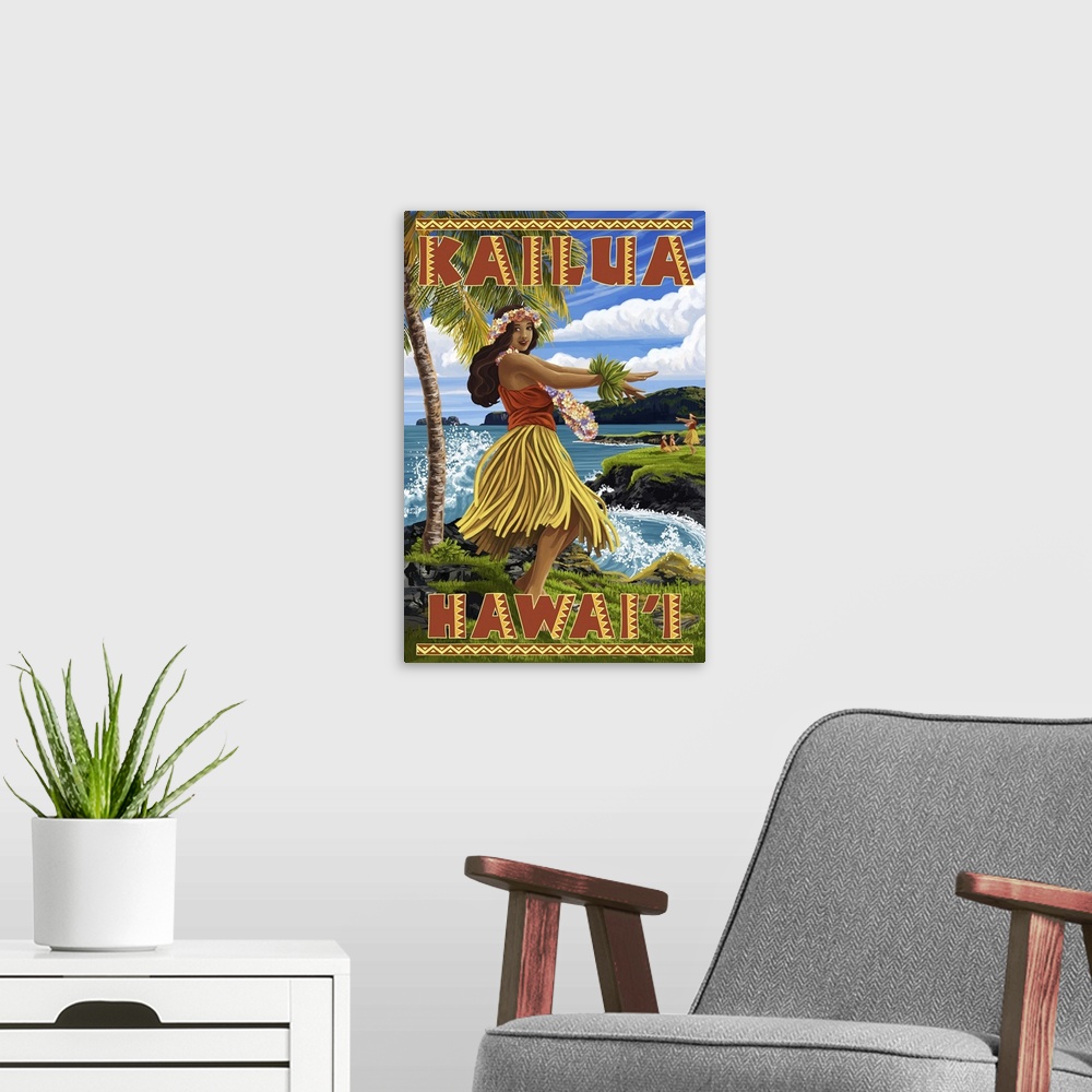 A modern room featuring Hawaii Hula Girl on Coast - Kailua, Hawaii: Retro Travel Poster