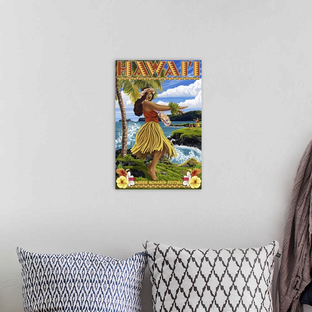A bohemian room featuring Hawaii Hula Girl on Coast - Merrie Monarch Festival: Retro Travel Poster