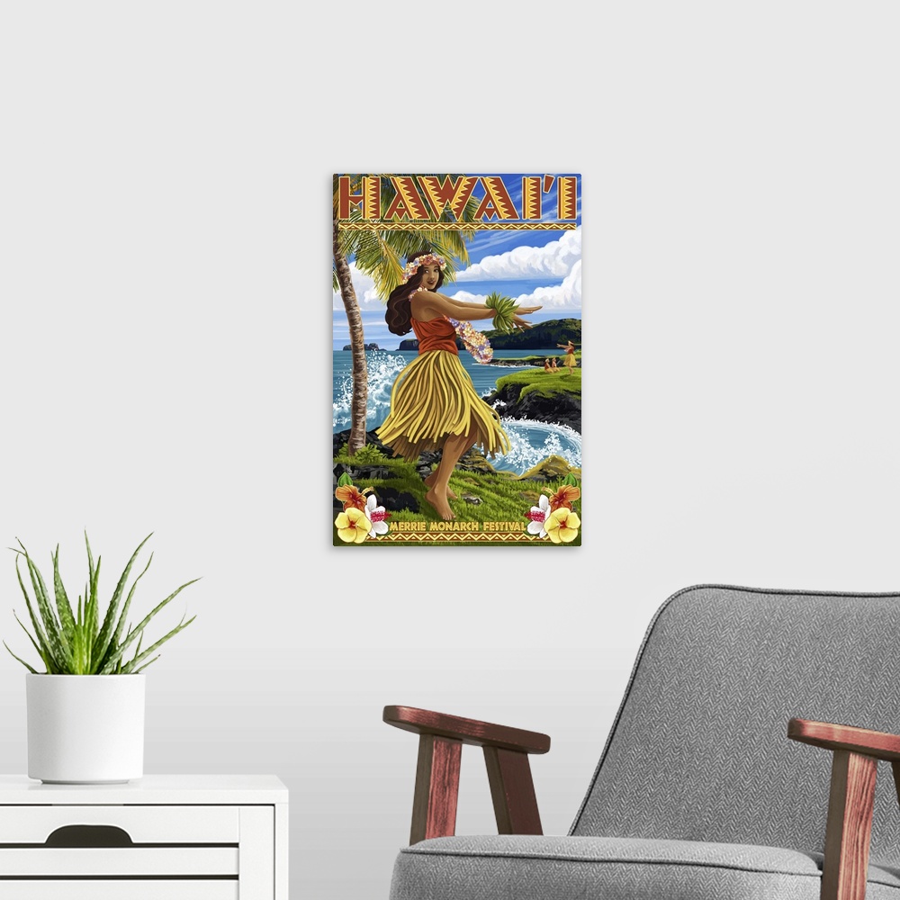 A modern room featuring Hawaii Hula Girl on Coast - Merrie Monarch Festival: Retro Travel Poster