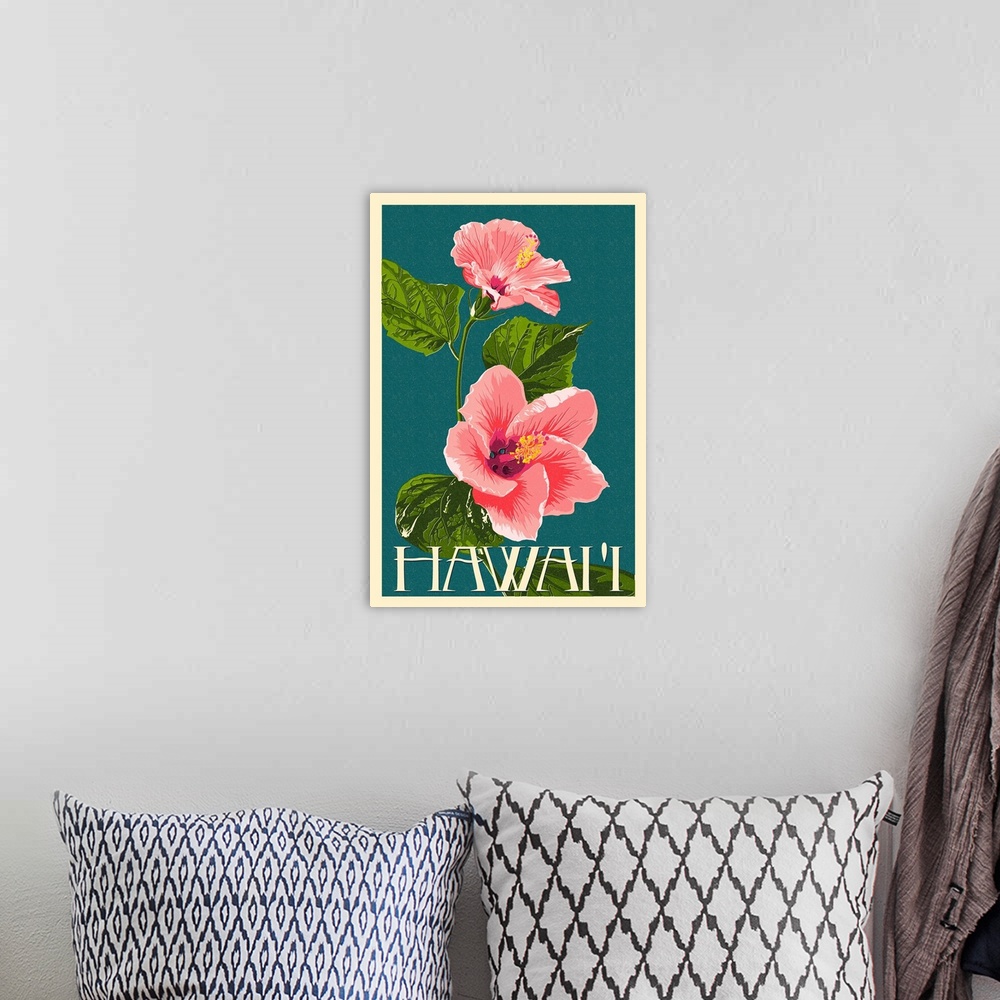 A bohemian room featuring Hawaii - Pink Hibiscus Flower Letterpress: Retro Travel Poster