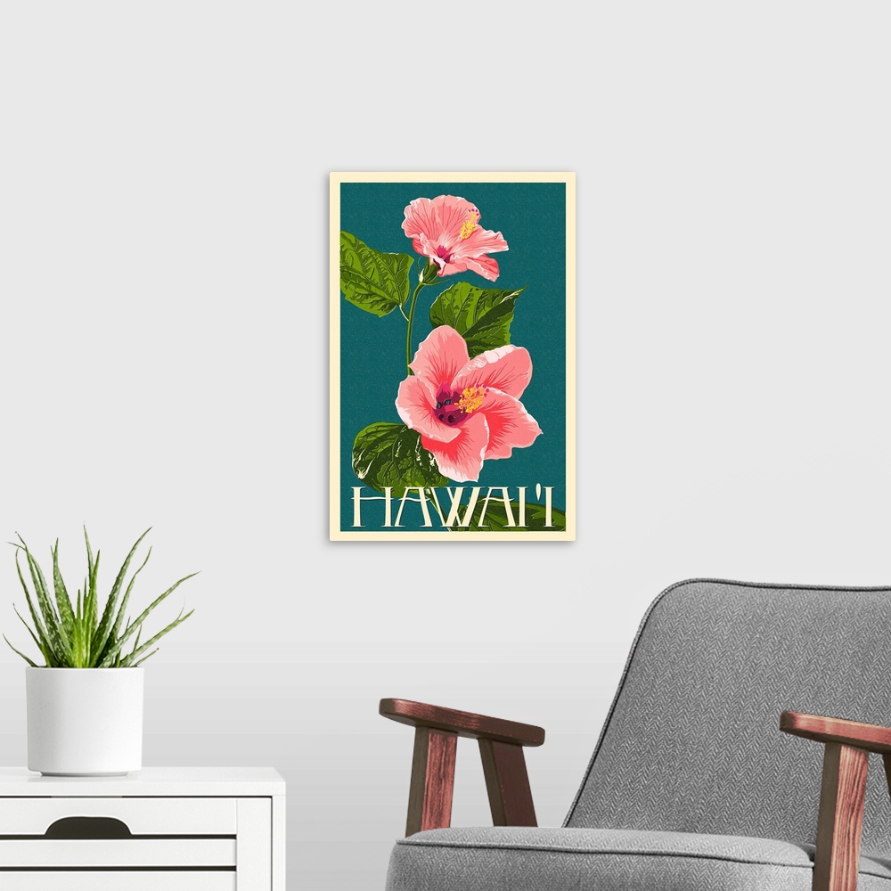 A modern room featuring Hawaii - Pink Hibiscus Flower Letterpress: Retro Travel Poster