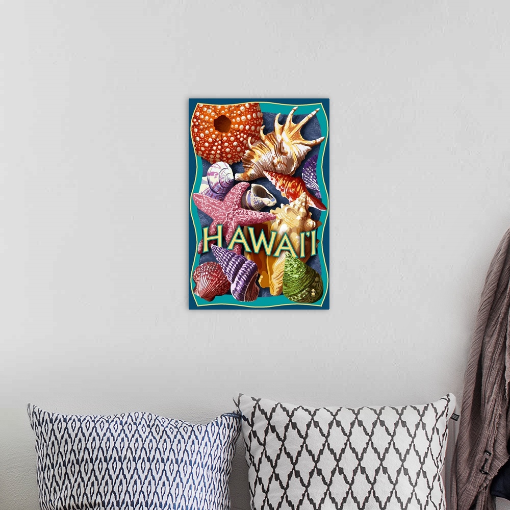 A bohemian room featuring Hawaii - Shells Montage: Retro Travel Poster
