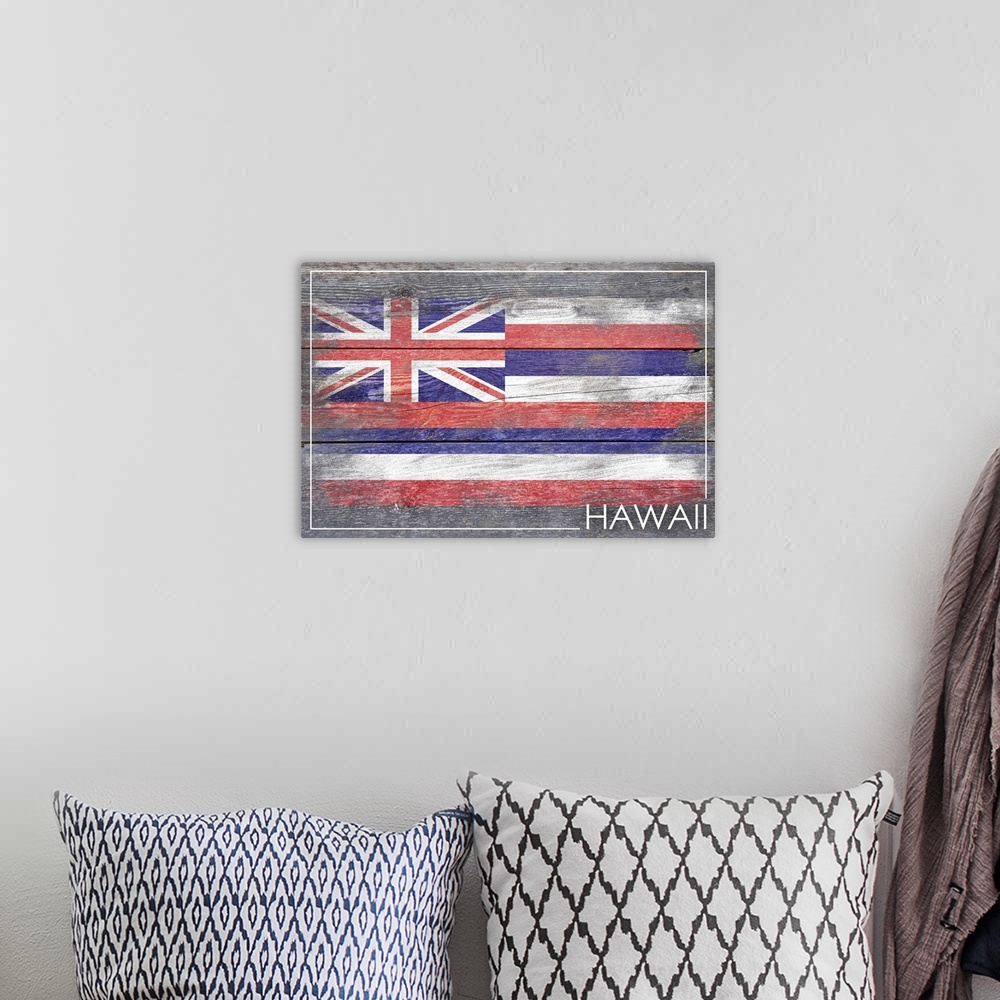 A bohemian room featuring Hawaii State Flag, Barnwood Painting