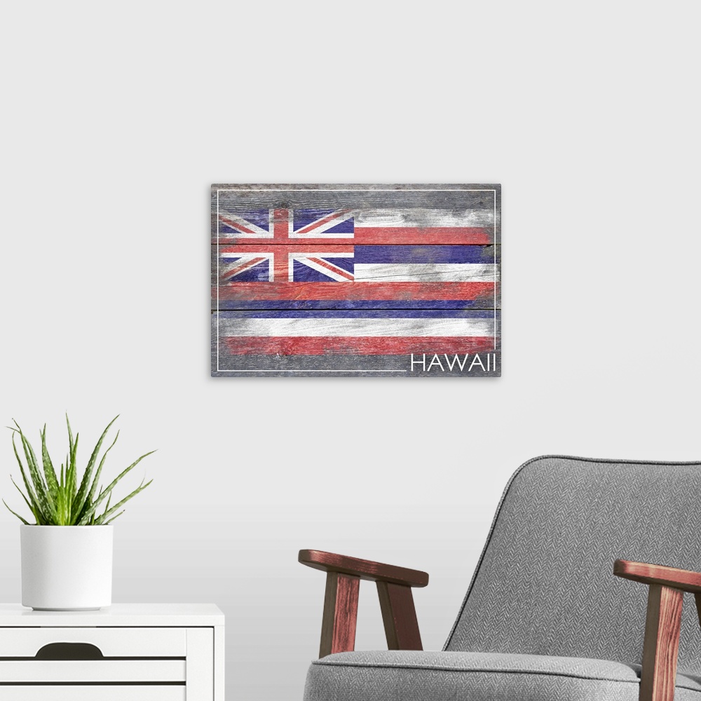 A modern room featuring The flag of Hawaii with a weathered wooden board effect.