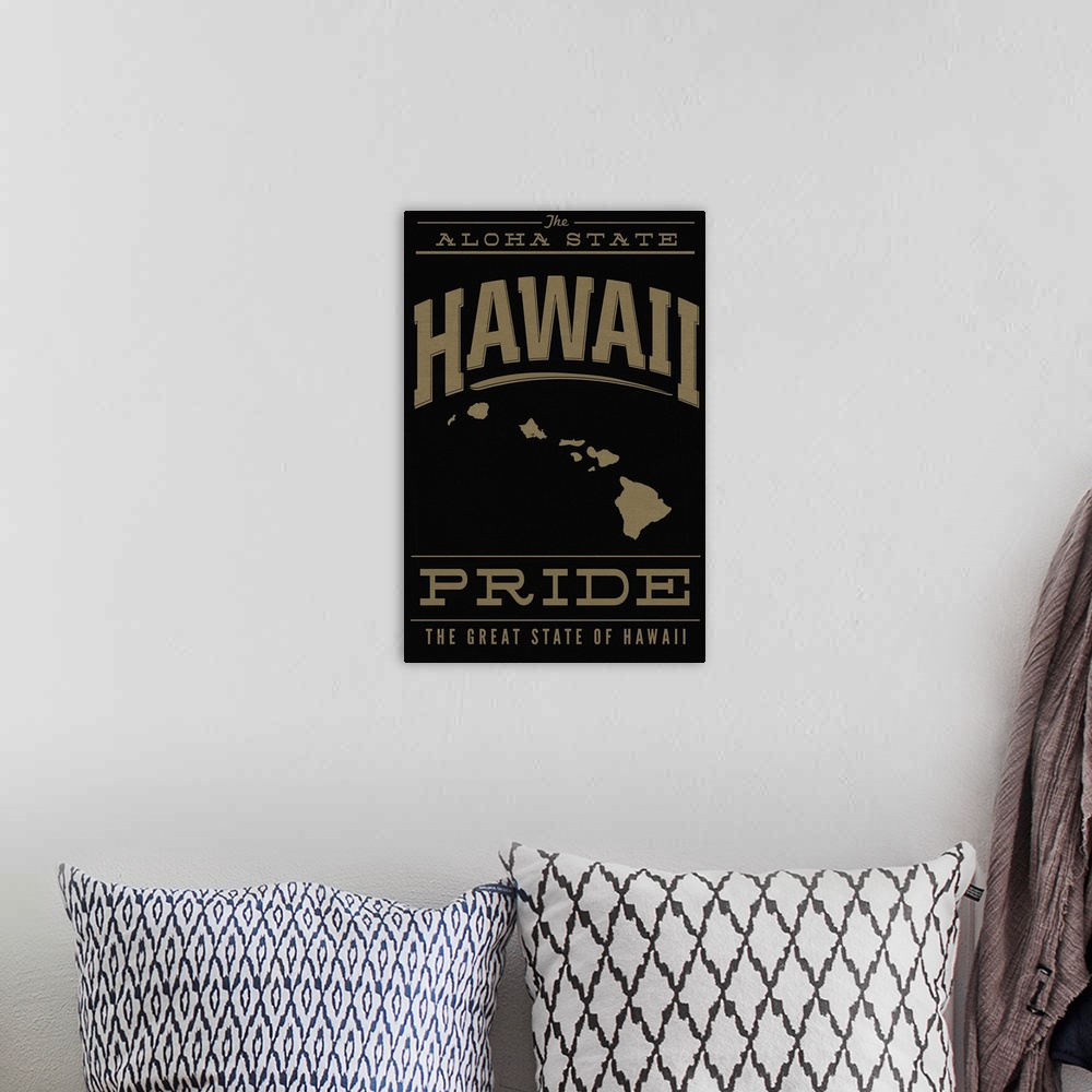 A bohemian room featuring The Hawaii state outline on black with gold text.