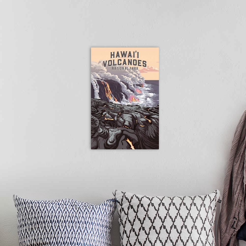 A bohemian room featuring Hawaii Volcanoes National Park, Lava Cooling: Retro Travel Poster