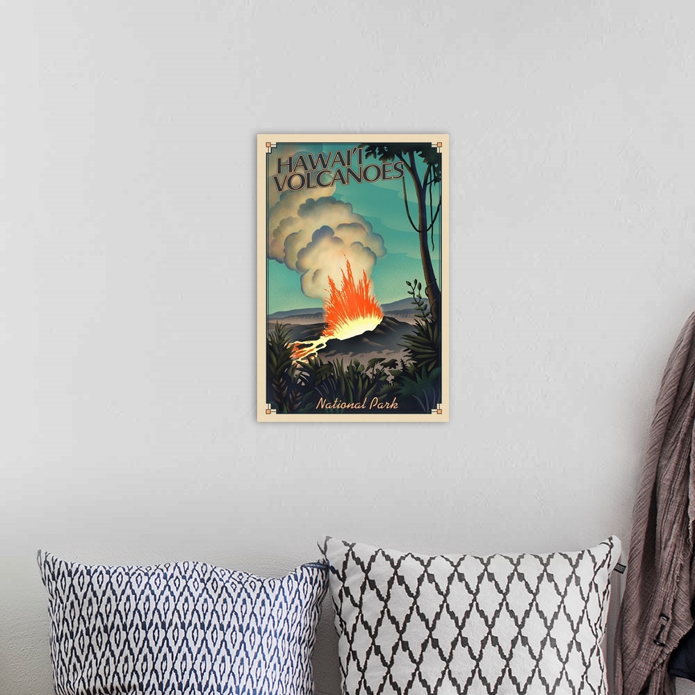 A bohemian room featuring Hawaii Volcanoes National Park, Volcano Erupting: Retro Travel Poster