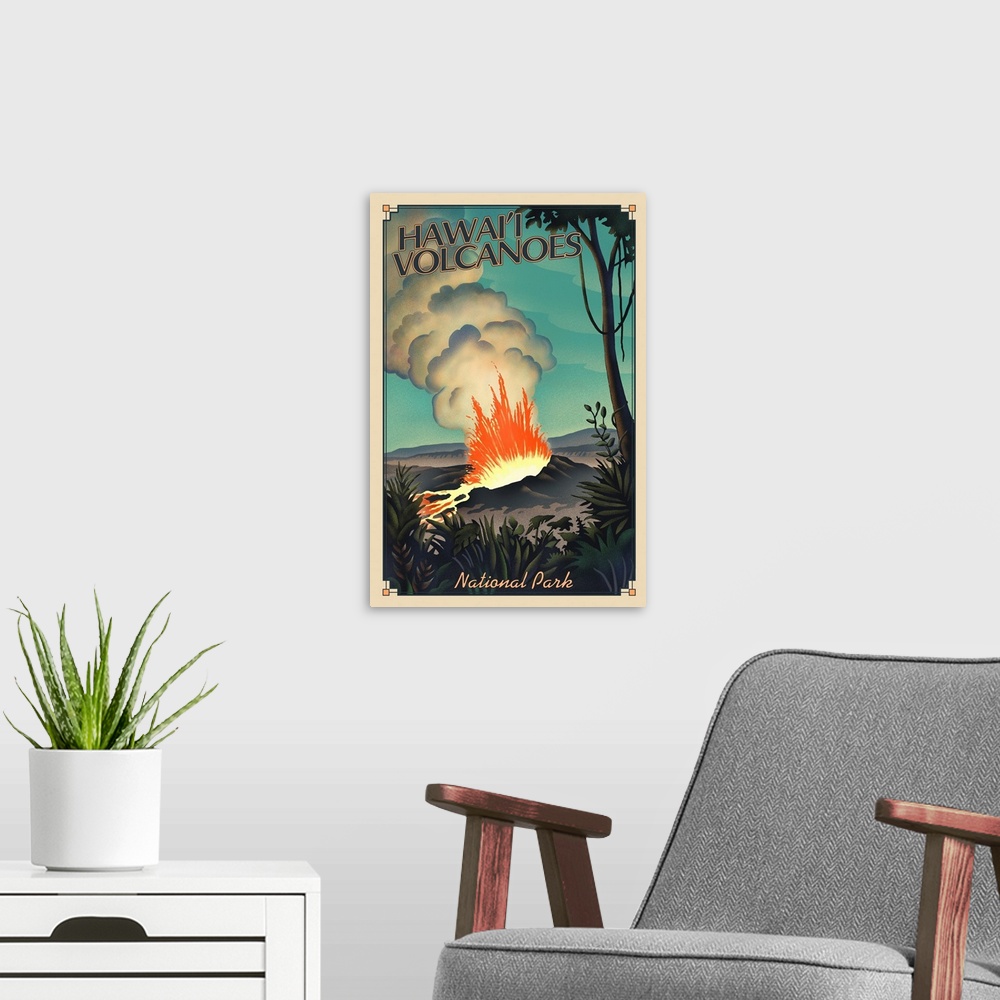 A modern room featuring Hawaii Volcanoes National Park, Volcano Erupting: Retro Travel Poster