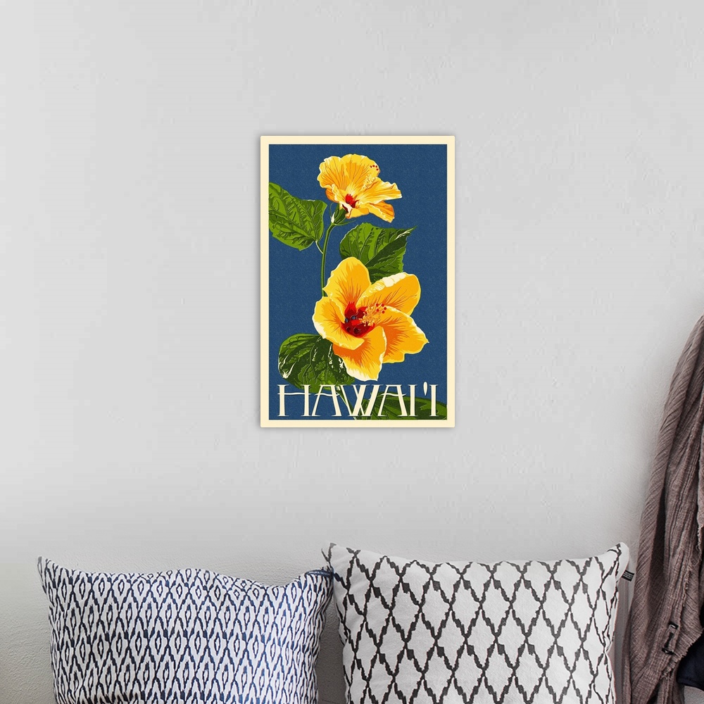 A bohemian room featuring Hawaii - Yellow Hibiscus Flower Letterpress: Retro Travel Poster