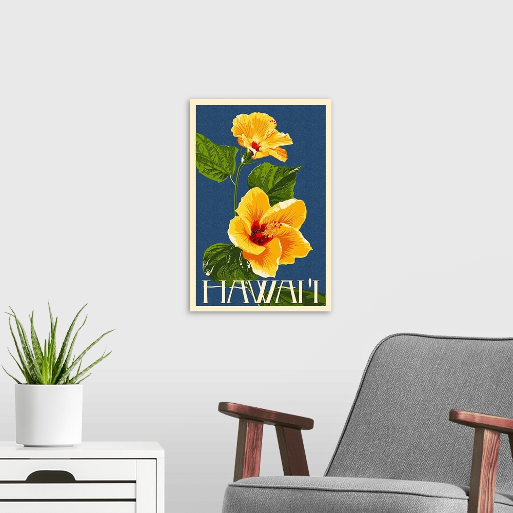 A modern room featuring Hawaii - Yellow Hibiscus Flower Letterpress: Retro Travel Poster