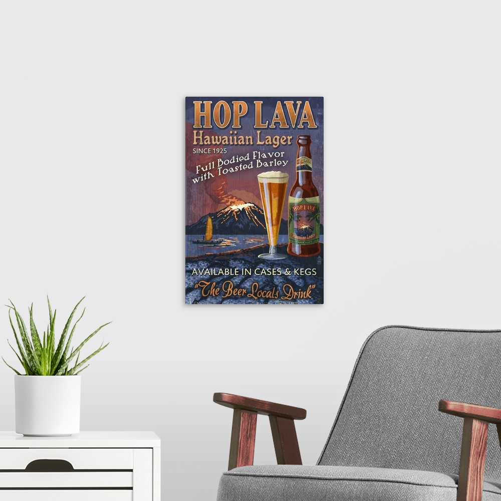 A modern room featuring Hawaiian Hop Lava Lager Vintage Sign: Retro Travel Poster