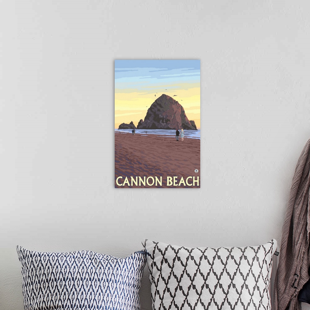 A bohemian room featuring Haystack Rock - Cannon Beach, OR: Retro Travel Poster
