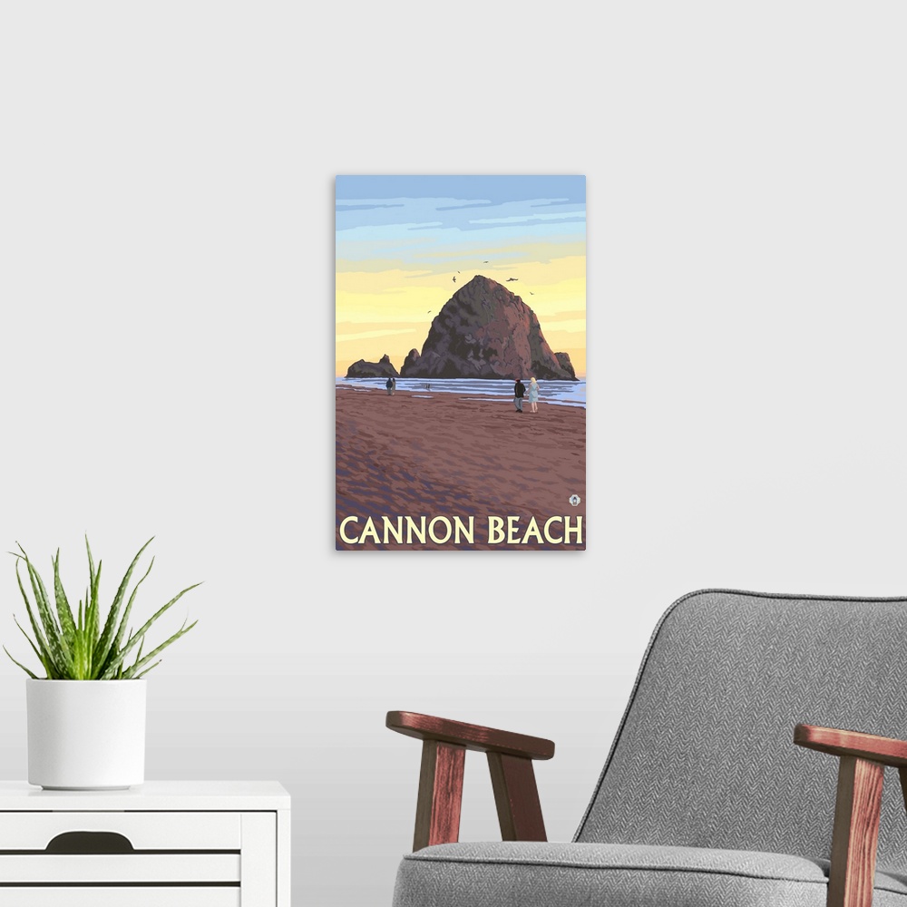 A modern room featuring Haystack Rock - Cannon Beach, OR: Retro Travel Poster