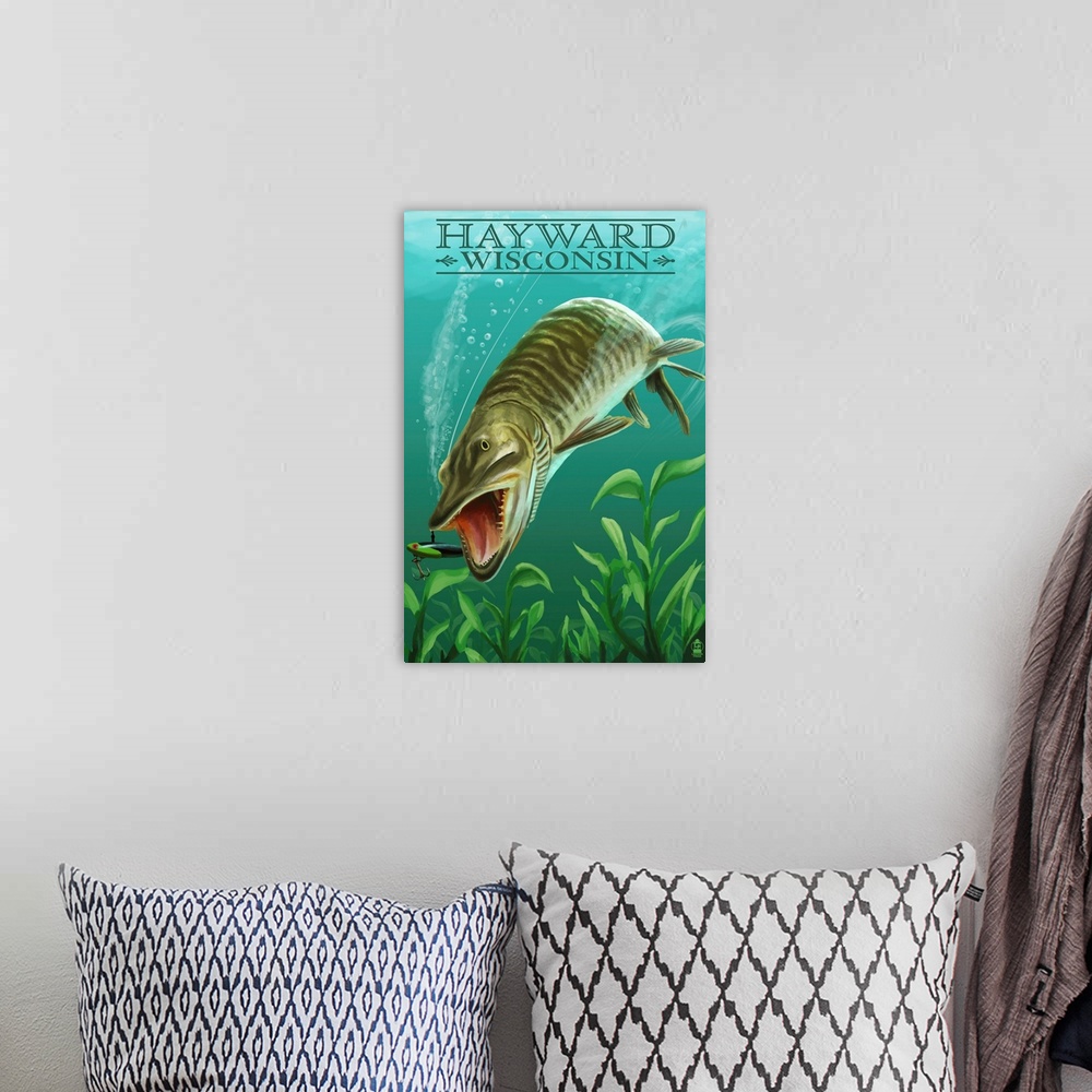 A bohemian room featuring Hayward, Wisconsin - Muskie: Retro Travel Poster