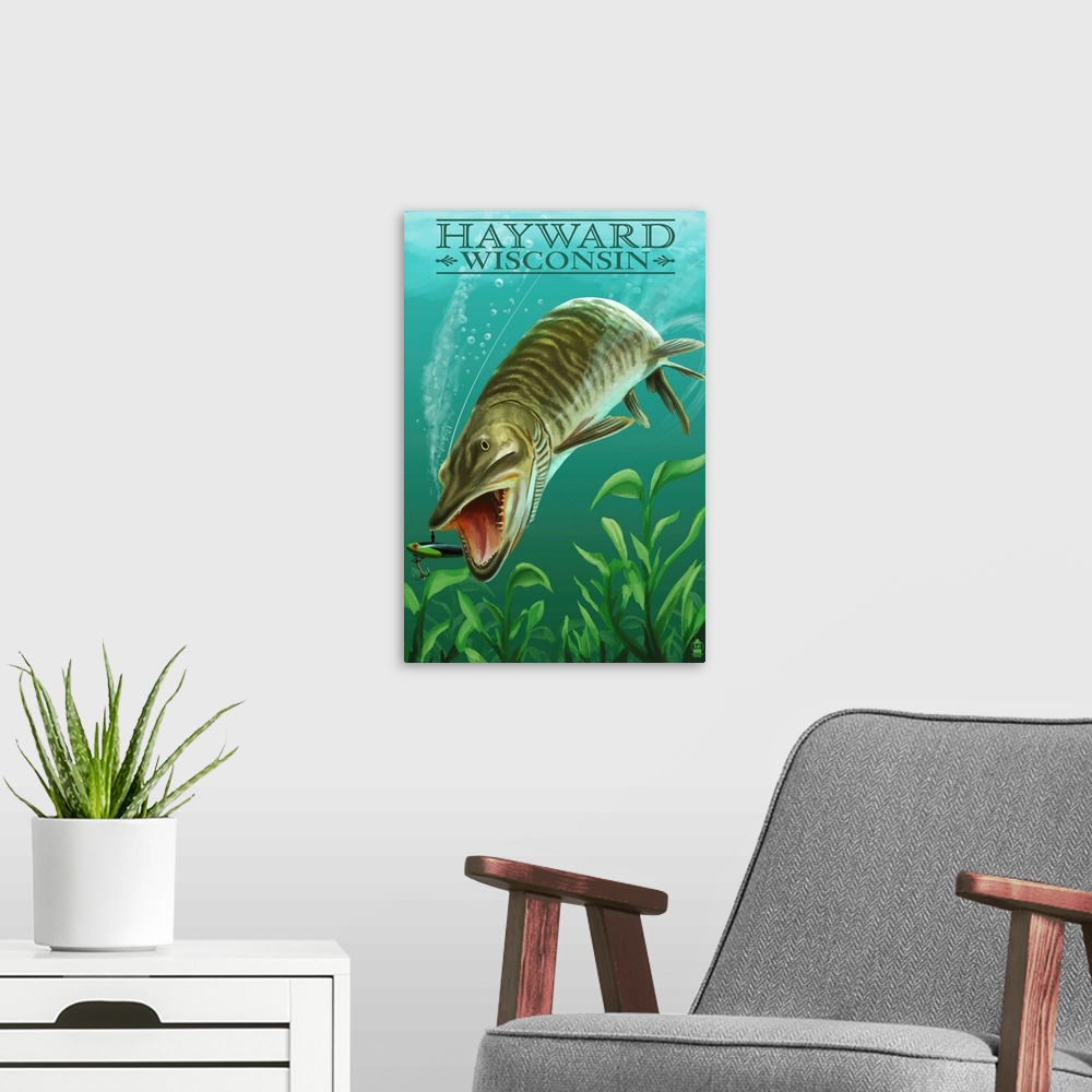 A modern room featuring Hayward, Wisconsin - Muskie: Retro Travel Poster