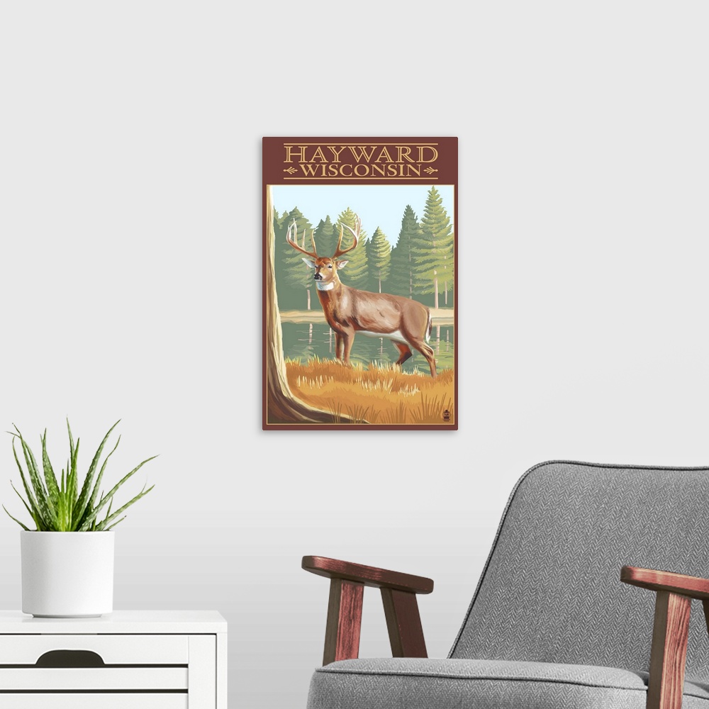 A modern room featuring Hayward, Wisconsin - White Tailed Deer: Retro Travel Poster