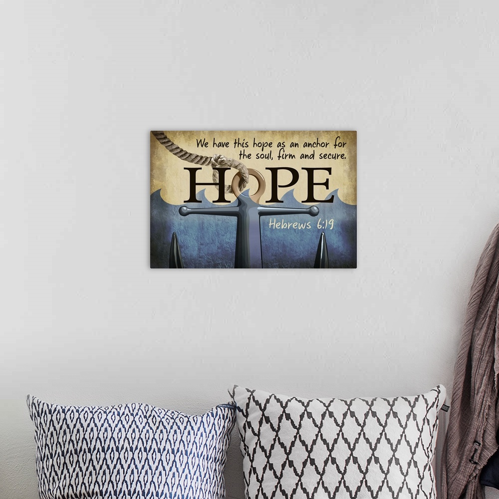 A bohemian room featuring Hebrews 6:19 - Inspirational - Lantern Press Artwork: Retro Travel Poster