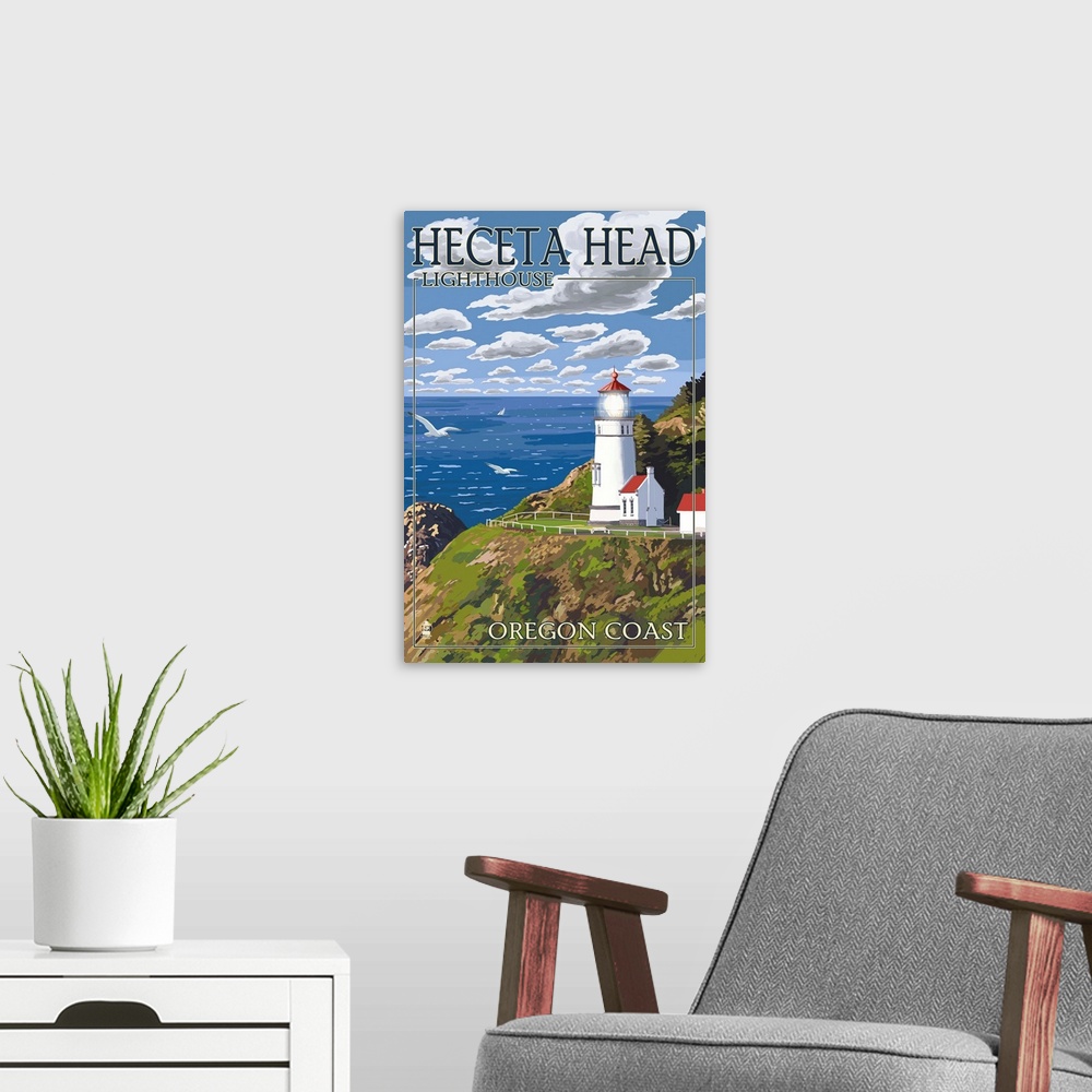 A modern room featuring Heceta Head Lighthouse - Oregon Coast: Retro Travel Poster