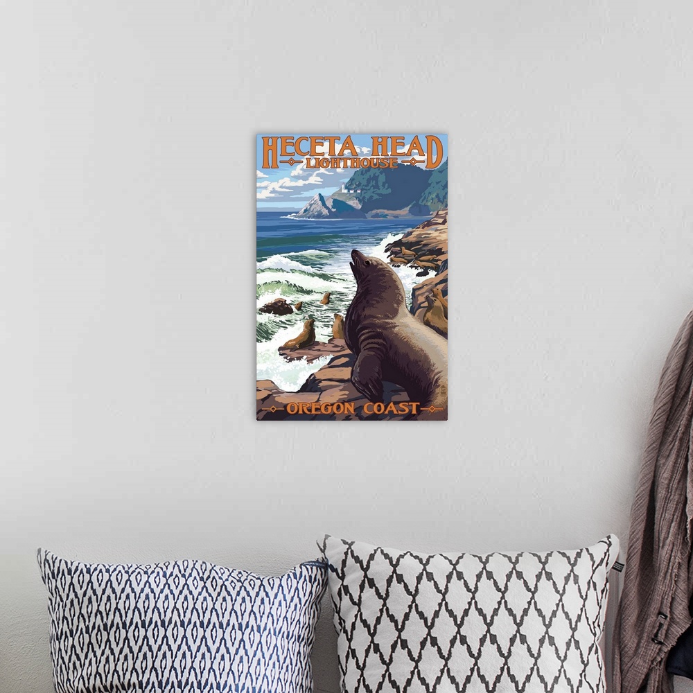 A bohemian room featuring Heceta Head Lighthouse - Sea Lions: Retro Travel Poster