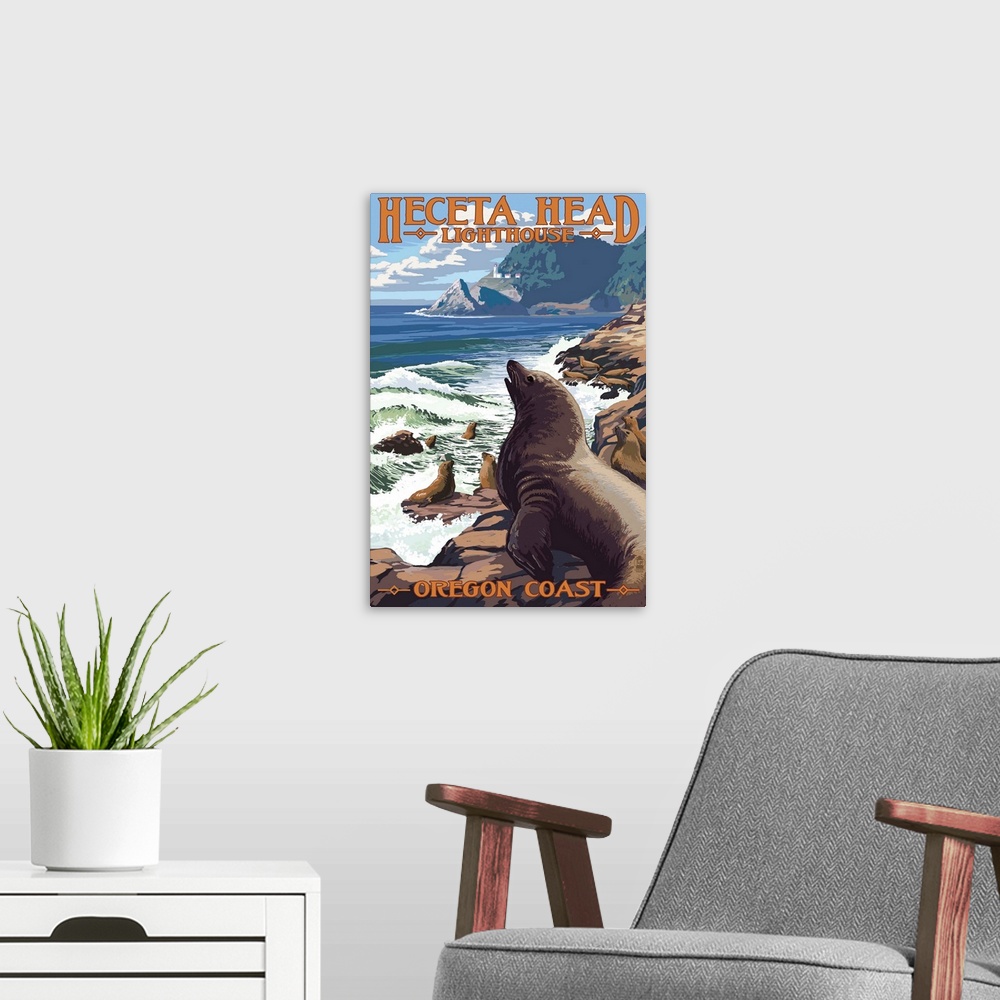 A modern room featuring Heceta Head Lighthouse - Sea Lions: Retro Travel Poster
