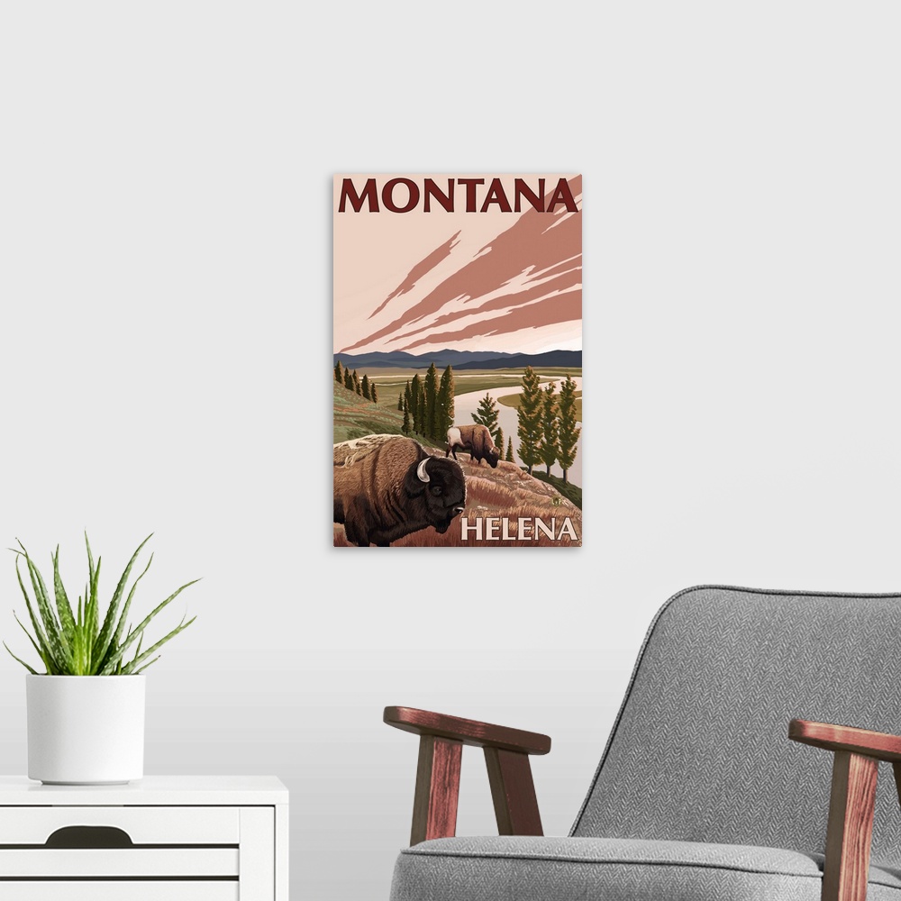 A modern room featuring Helena, Montana - Bison and River: Retro Travel Poster