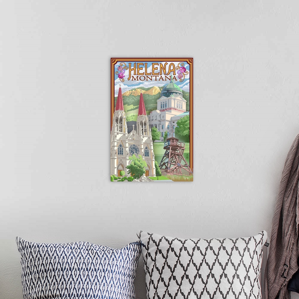 A bohemian room featuring Helena, Montana - Town Views: Retro Travel Poster