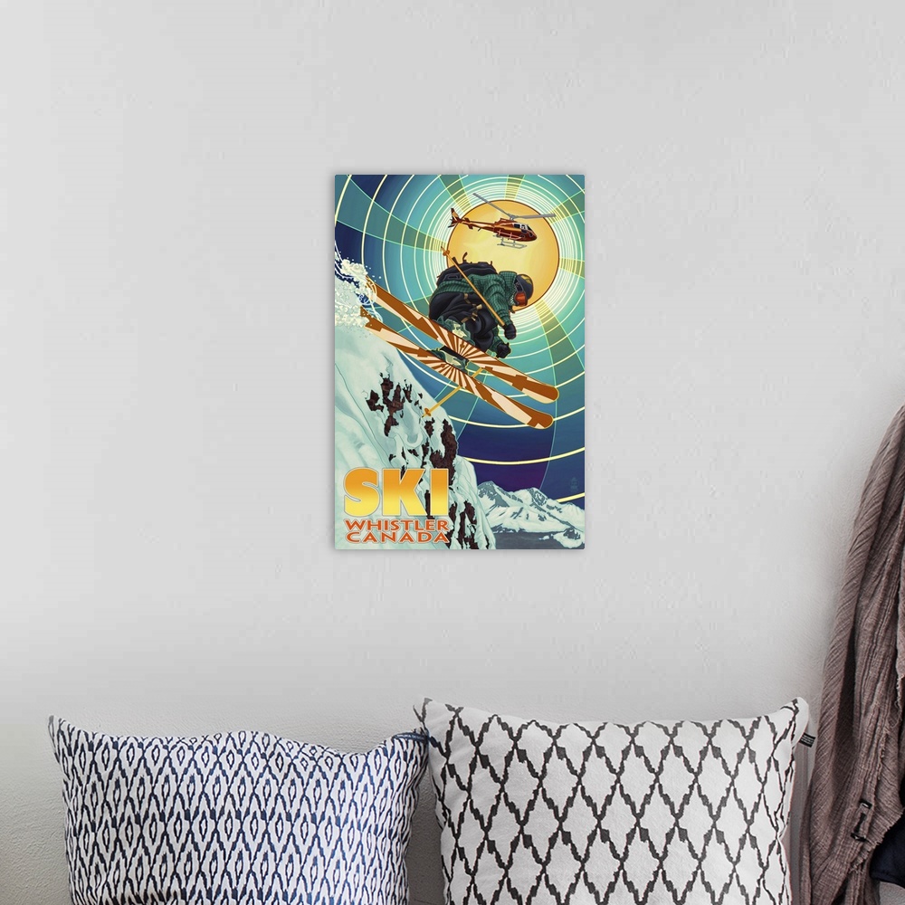 A bohemian room featuring Heli-Skiing - Whistler, Canada: Retro Travel Poster