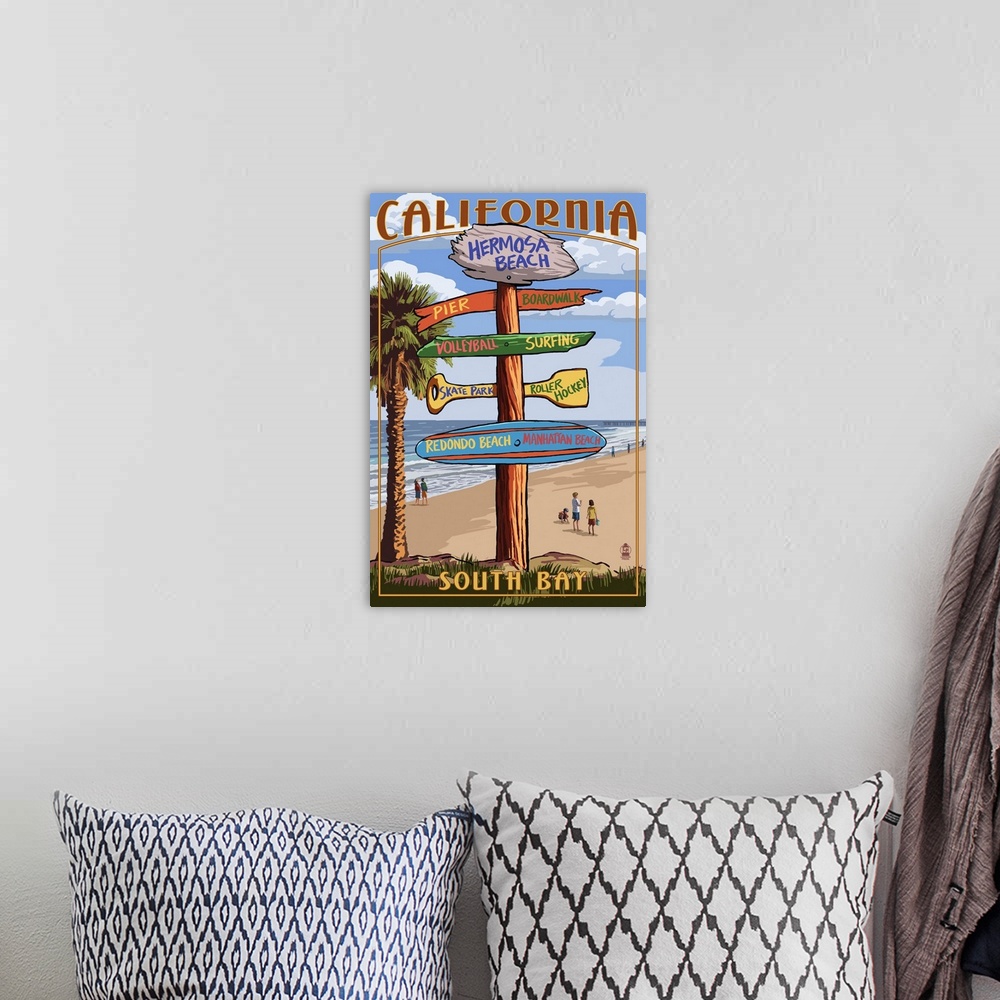 A bohemian room featuring Hermosa Beach, California - Destination Sign: Retro Travel Poster