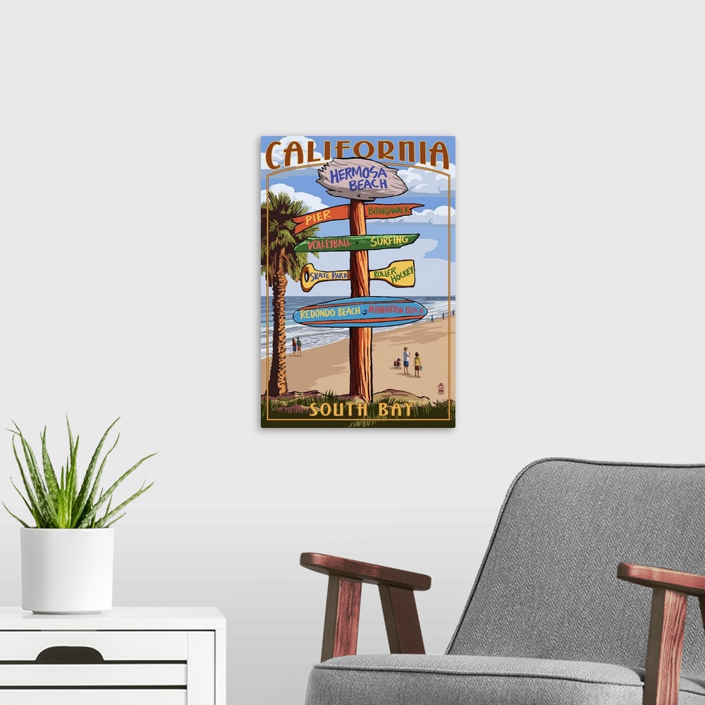 A modern room featuring Hermosa Beach, California - Destination Sign: Retro Travel Poster