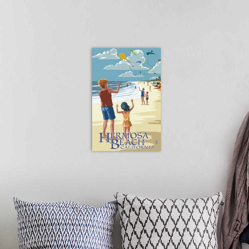 A bohemian room featuring Hermosa Beach, California - Kite Flyers: Retro Travel Poster