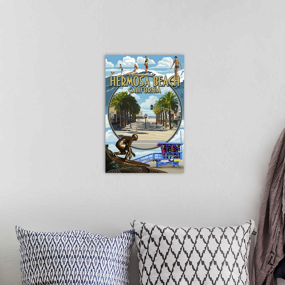 A bohemian room featuring Hermosa Beach, California - Montage Scenes: Retro Travel Poster