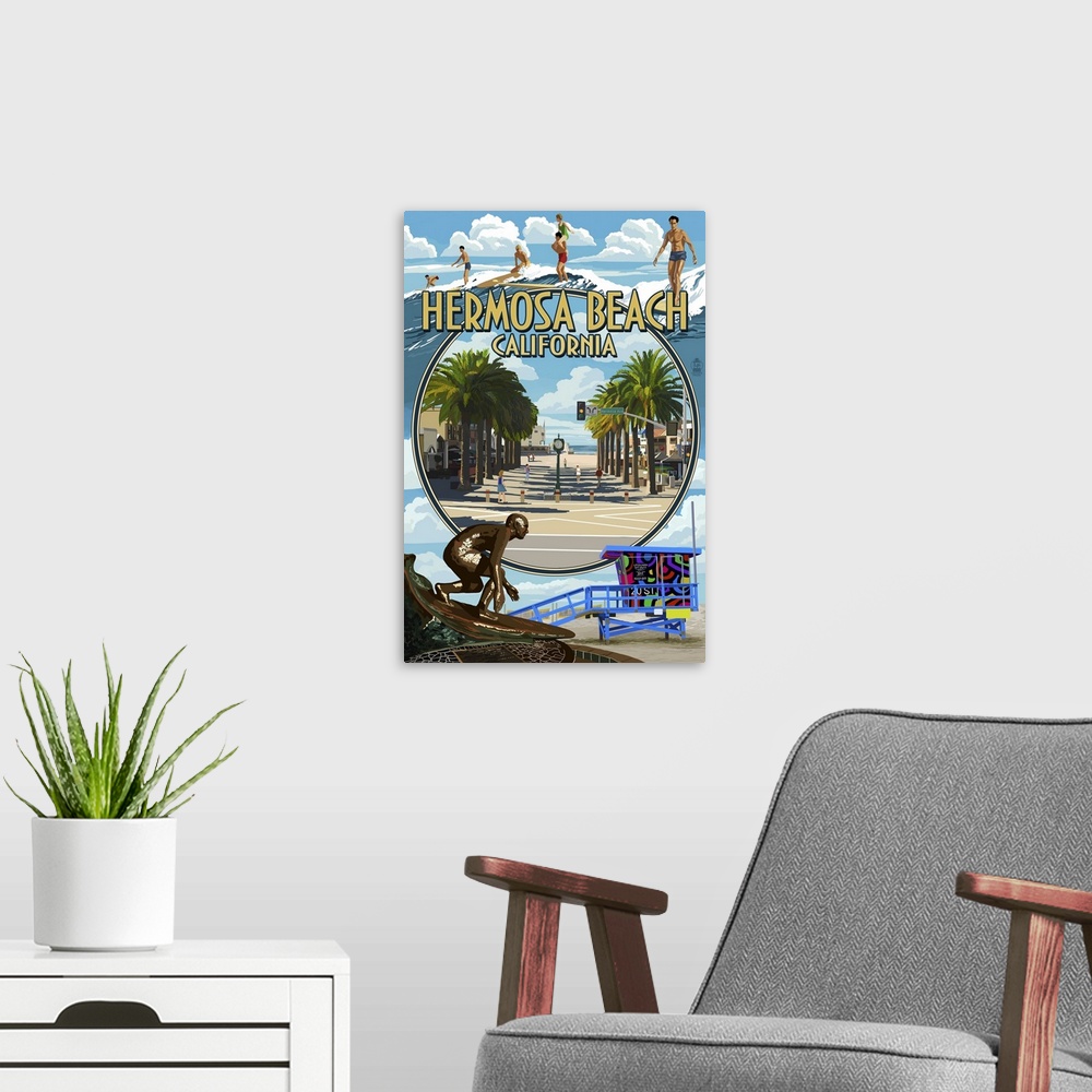A modern room featuring Hermosa Beach, California - Montage Scenes: Retro Travel Poster