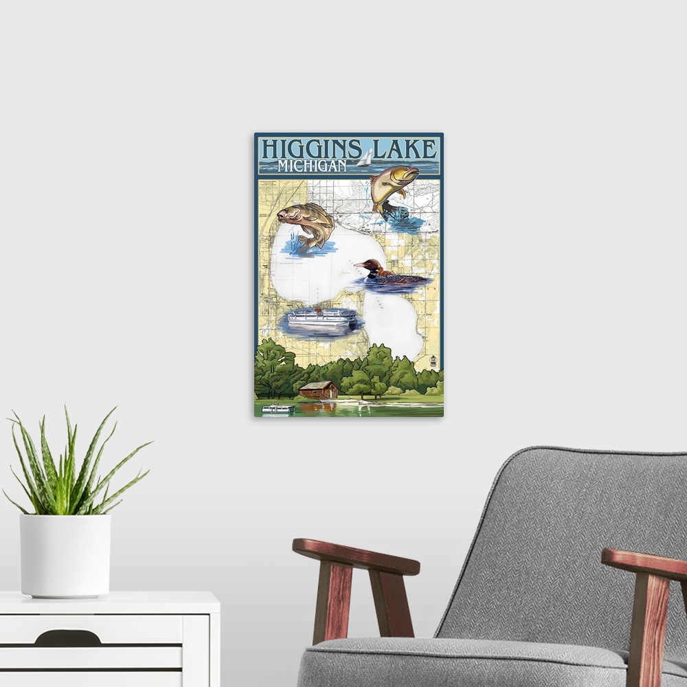 A modern room featuring Retro stylized art poster of montage of image against a map background.