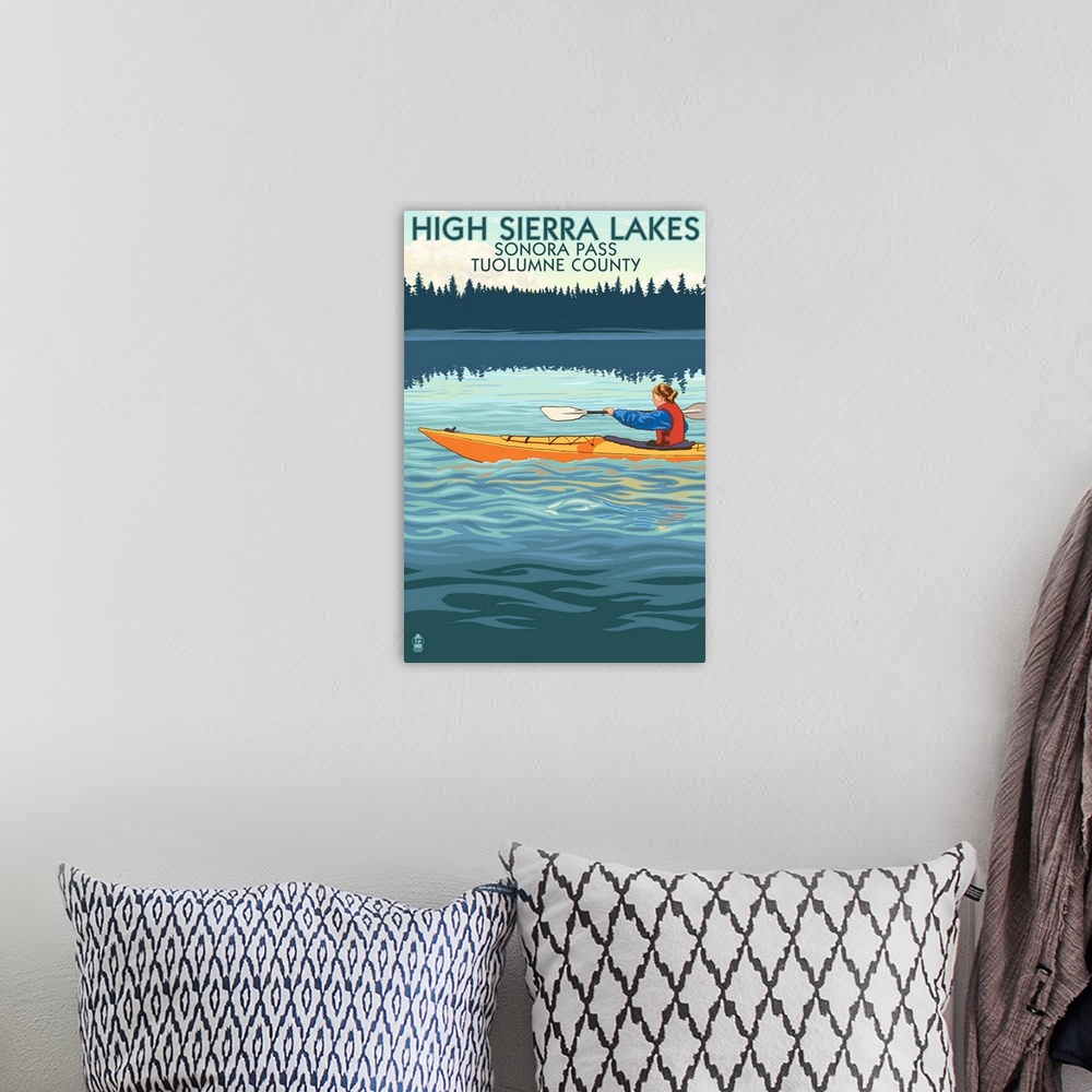 A bohemian room featuring High Sierra Lakes - Sonora Pass, California - Kayak Scene: Retro Travel Poster