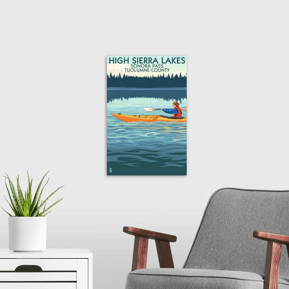A modern room featuring High Sierra Lakes - Sonora Pass, California - Kayak Scene: Retro Travel Poster