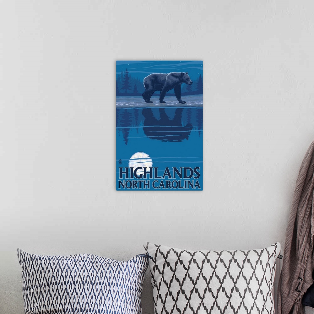 A bohemian room featuring Retro stylized art poster of a bear walking along a river at night. With the moon and bear castin...