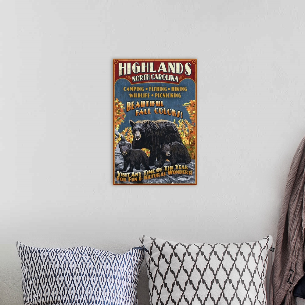 A bohemian room featuring Highlands, North Carolina - Bear Family Vintage Sign: Retro Travel Poster