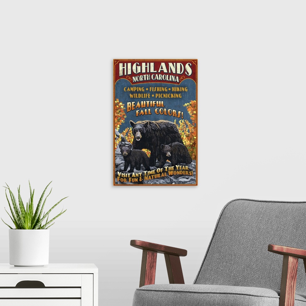 A modern room featuring Highlands, North Carolina - Bear Family Vintage Sign: Retro Travel Poster